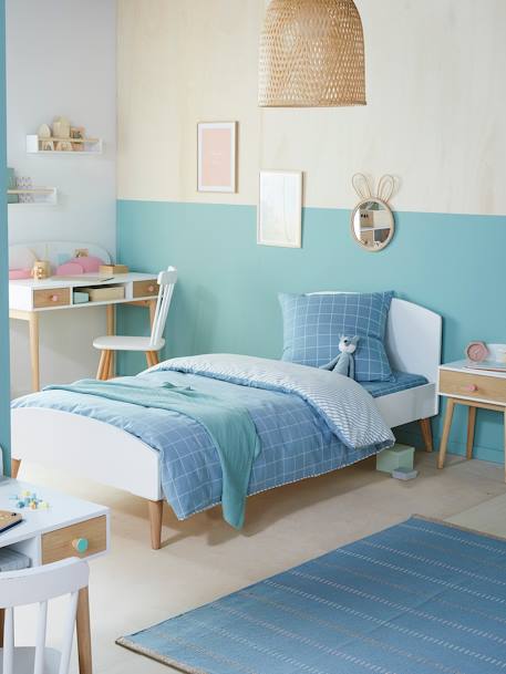 Cama de criança Montessori, TEMA CONFETES Branco/madeira+ROSA CLARO LISO+VERDE CLARO LISO 