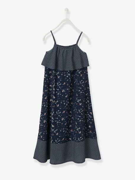 Vestido comprido de alças, estampado, para menina AZUL ESCURO ESTAMPADO 