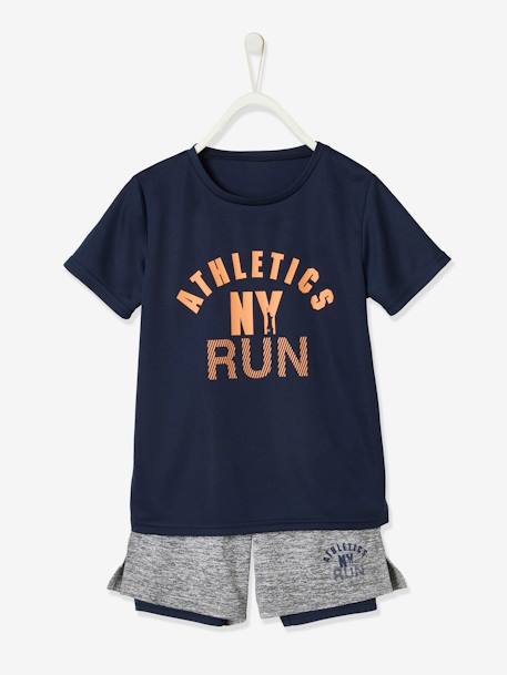 Conjunto de desporto, t-shirt e bermudas, efeito 2 em 1, para menino AZUL ESCURO LISO COM MOTIVO 