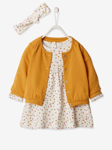 Conjunto de 3 peças, vestido + casaco + fita para o cabelo, para bebé menina BRANCO CLARO ESTAMPADO+coral 