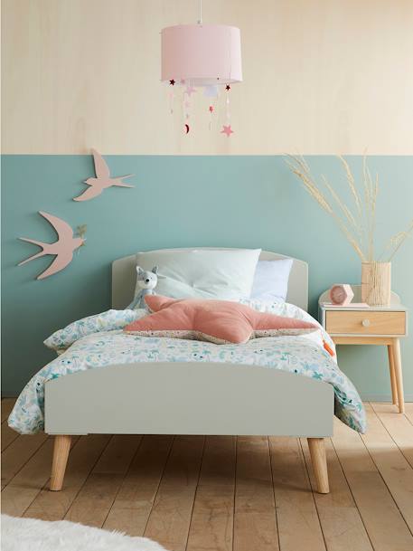 Cama de criança Montessori, TEMA CONFETES Branco/madeira+ROSA CLARO LISO+VERDE CLARO LISO 