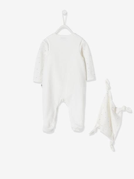 Conjunto macacão + body + boneco doudou, em algodão bio, para recém-nascido BRANCO CLARO LISO COM MOTIVO 