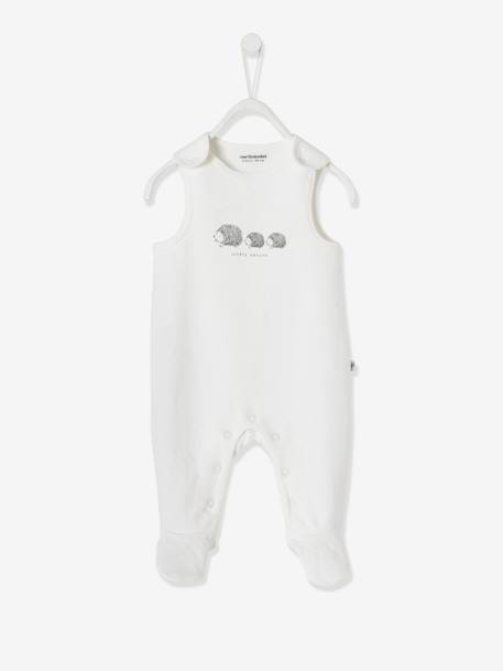 Conjunto macacão + body + boneco doudou, em algodão bio, para recém-nascido BRANCO CLARO LISO COM MOTIVO 