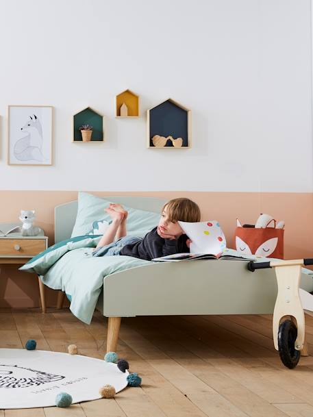 Cama de criança Montessori, TEMA CONFETES Branco/madeira+ROSA CLARO LISO+VERDE CLARO LISO 