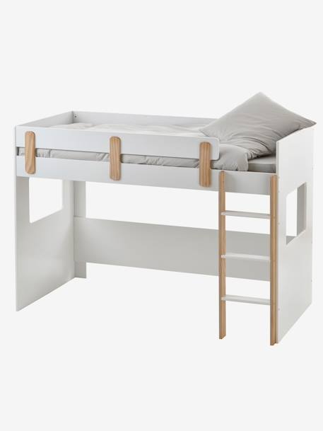 Cama mezanino meia-altura Montessori, TEMA EVEREST Branco/madeira+ROSA MEDIO LISO+VERDE ESCURO LISO 