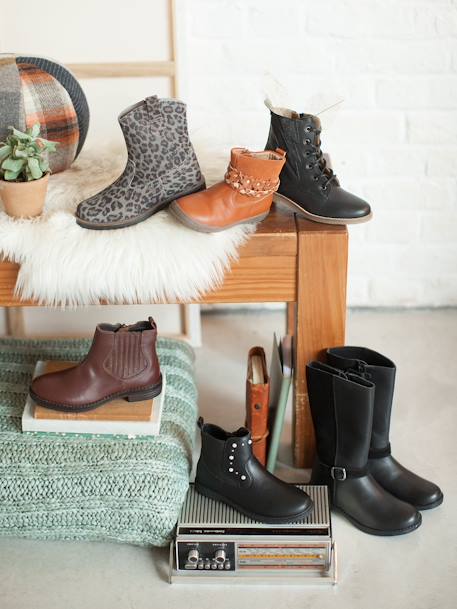 Botas à cavaleiro em pele, para menina PRETO ESCURO LISO 