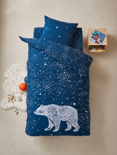 Conjunto capa de edredon com detalhes fosforescentes + fronha de almofada para criança, tema Urso Polar AZUL ESCURO LISO COM MOTIVO 