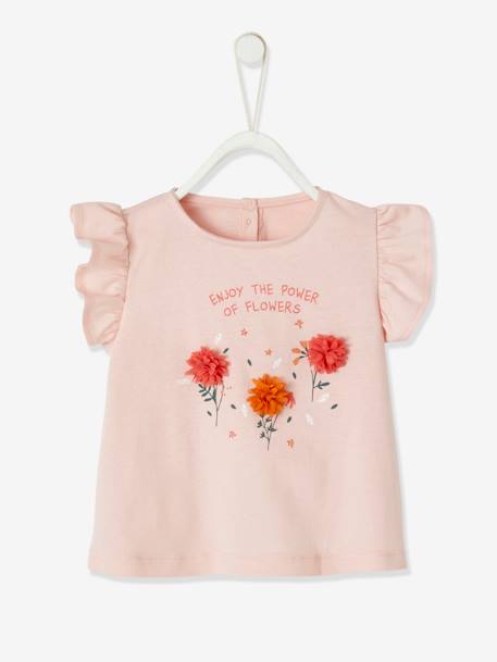 T-shirt com flores em relevo, para bebé cru+ROSA CLARO LISO COM MOTIVO 