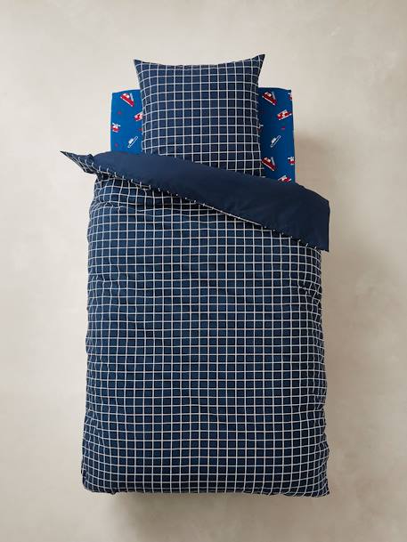 Conjunto capa de edredon + fronha de almofada, para criança, tema Petit Pompier AZUL ESCURO LISO COM MOTIVO 