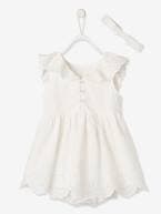 Conjunto de cerimónia para bebé: vestido, calções bloomers e fita do cabelo BRANCO CLARO LISO+coral 