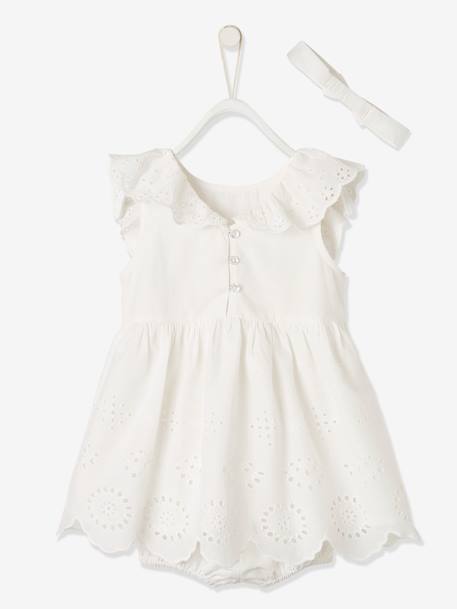 Conjunto de cerimónia para bebé: vestido, calções bloomers e fita do cabelo BRANCO CLARO LISO+coral 