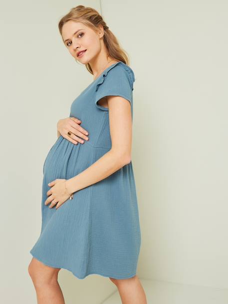 Vestido em gaze de algodão, especial gravidez e amamentação azul-ganga+branco+caramelo+VERDE MEDIO LISO 