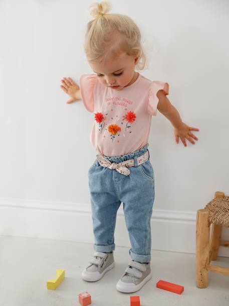 Jeans com cinto em tecido, para bebé AZUL MEDIO DESBOTADO 