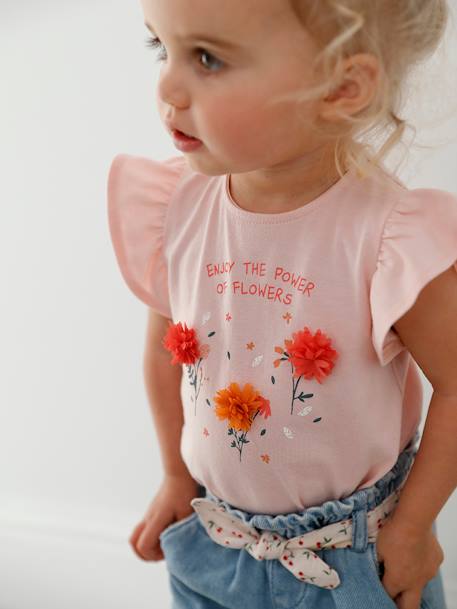 T-shirt com flores em relevo, para bebé cru+ROSA CLARO LISO COM MOTIVO 