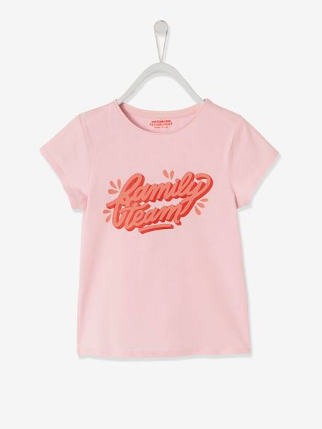 T-shirt de menina Family team, coleção cápsula da Vertbaudet e da Studio Jonesie, em algodão bio ROSA CLARO LISO COM MOTIVO 