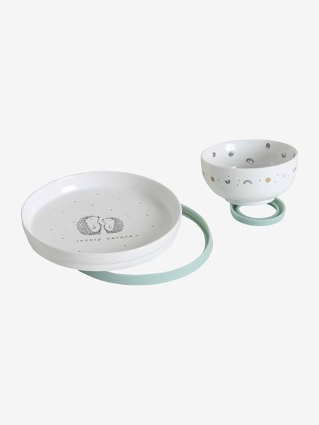 Conjunto de louça em cerâmica e silicone, Hanói BRANCO CLARO ESTAMPADO+VERDE CLARO LISO COM MOTIVO 