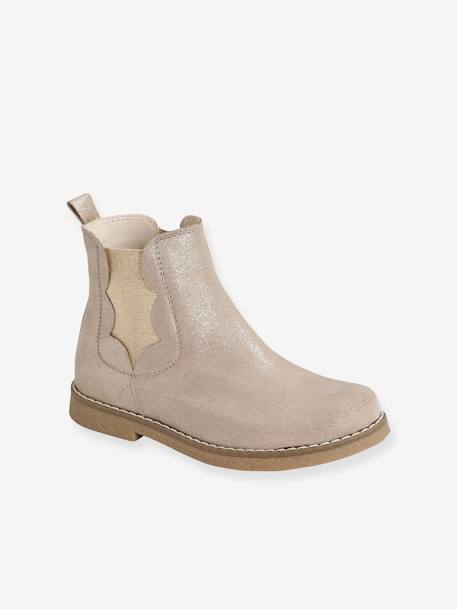 Botas em pele, com fecho e elástico, para menina BEGE MEDIO METALIZADO+castanho+ROSA MEDIO LISO COM MOTIVO 