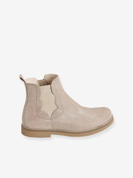 Botas em pele, com fecho e elástico, para menina BEGE MEDIO METALIZADO+castanho+ROSA MEDIO LISO COM MOTIVO 