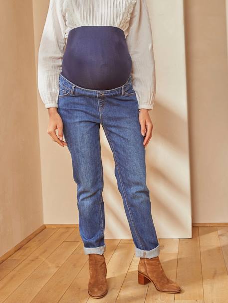 Jeans mom, faixa sem costuras, para grávida AZUL CLARO LISO+AZUL ESCURO DESBOTADO+CINZENTO MEDIO LISO 