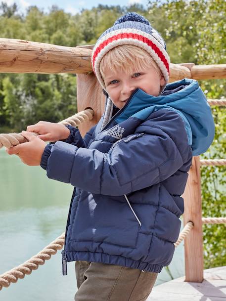 Blusão bicolor com capuz, enchimento em poliéster reciclado, para menino avelã+AZUL VIVO LISO COM MOTIVO 