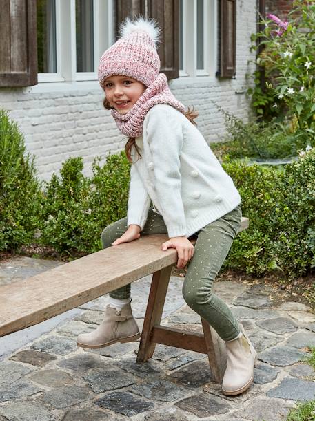 Calças slim morfológicas às bolas irisadas, em bombazina, para menina, Estreita VERDE MEDIO ESTAMPADO 