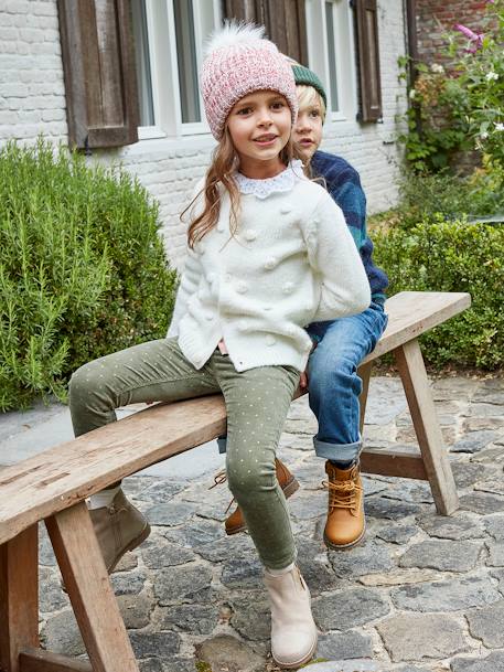 Calças slim morfológicas às bolas irisadas, em bombazina, para menina, Estreita VERDE MEDIO ESTAMPADO 