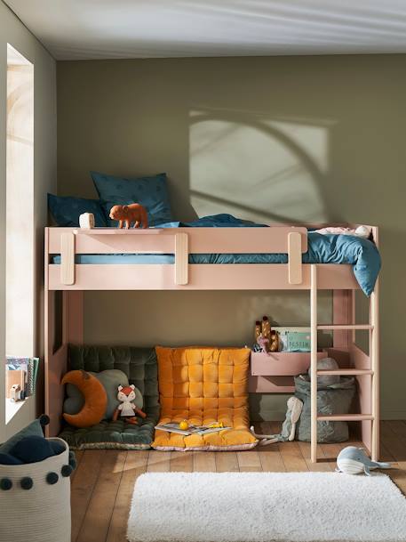 Cama mezanino meia-altura Montessori, TEMA EVEREST Branco/madeira+ROSA MEDIO LISO+VERDE ESCURO LISO 