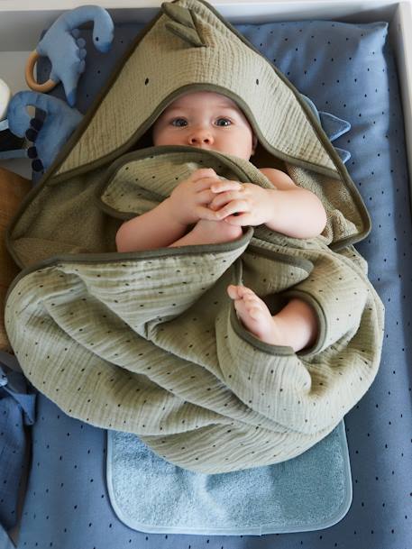 Capa de banho + luva de banho para bebé, em gaze de algodão, tema Pequeno Dinossauro AZUL MEDIO LISO COM MOTIVO+VERDE MEDIO LISO COM MOTIVO 