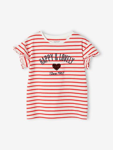 T-shirt às riscas, coração com lantejoulas, para menina BRANCO MEDIO AS RISCAS+marinho+riscas azuis 