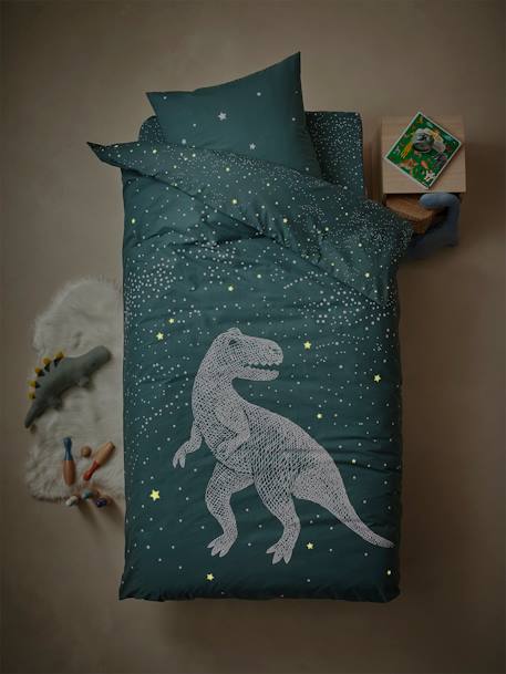 Conjunto capa de edredon + fronha de almofada com detalhes fosforescentes, Dinossauro Gráfico VERDE ESCURO LISO COM MOTIVO 