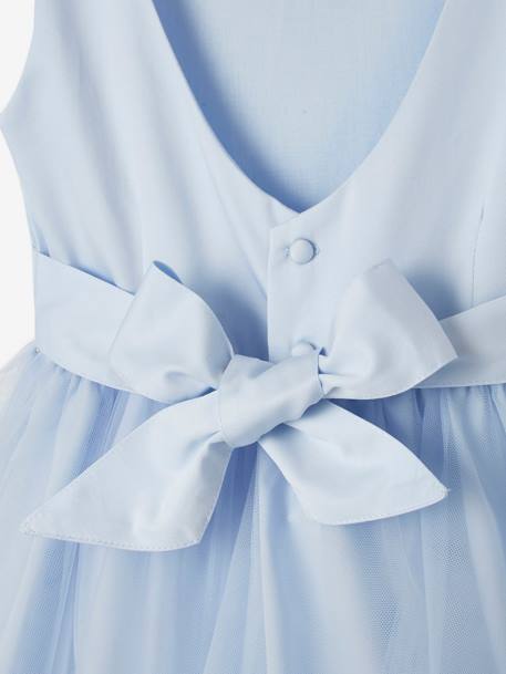 Vestido de cerimónia em cetim e tule, para menina AZUL CLARO LISO+Bege-rosado+Branco 