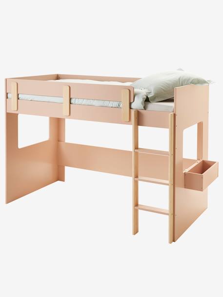 Cama mezanino meia-altura Montessori, TEMA EVEREST Branco/madeira+ROSA MEDIO LISO+VERDE ESCURO LISO 