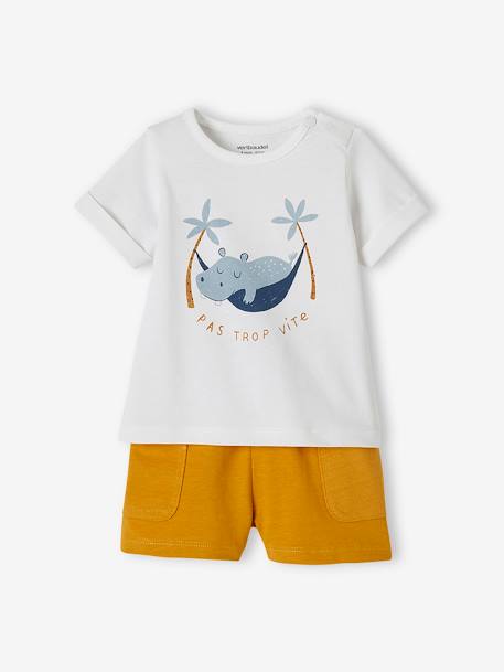 Conjunto t-shirt com motivo + calções baggy, para bebé BRANCO CLARO LISO COM MOTIVO+caqui 