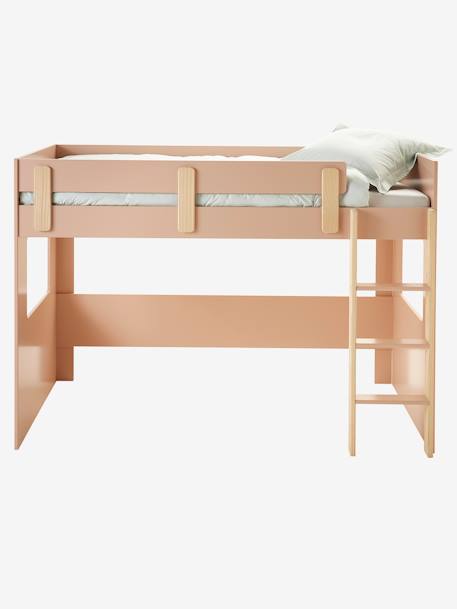 Cama mezanino meia-altura Montessori, TEMA EVEREST Branco/madeira+ROSA MEDIO LISO+VERDE ESCURO LISO 