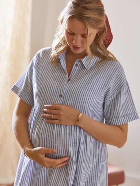 Vestido curto, estilo camisa às riscas, especial gravidez e amamentação AZUL MEDIO AS RISCAS+caramelo 