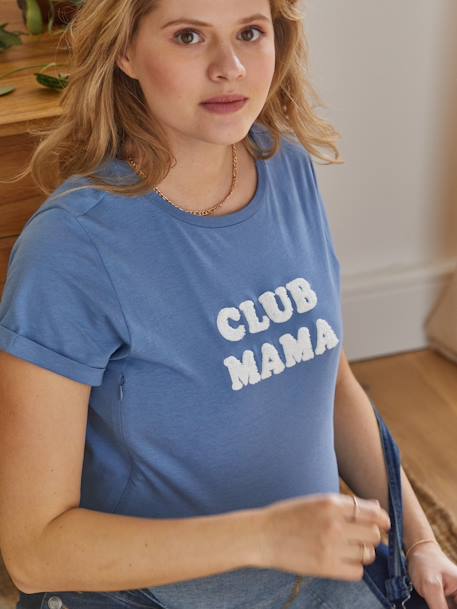 T-shirt com mensagem, personalizável, em algodão bio, especial gravidez e amamentação AZUL MEDIO LISO COM MOTIVO+CINZENTO ESCURO LISO COM MOTIV+mostarda 