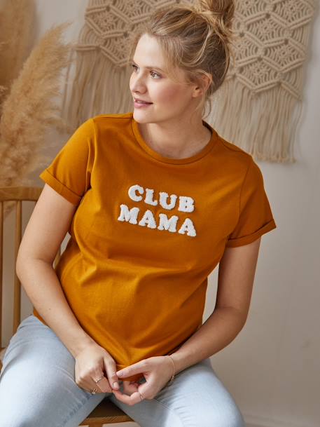 T-shirt com mensagem, personalizável, em algodão bio, especial gravidez e amamentação AZUL MEDIO LISO COM MOTIVO+CINZENTO ESCURO LISO COM MOTIV+mostarda 