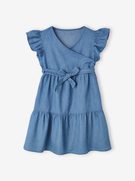 Vestido efeito envelope, em ganga leve, para menina AZUL ESCURO DESBOTADO 