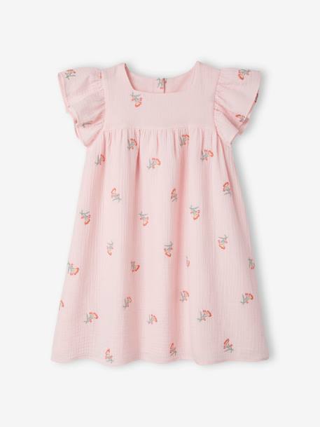 Vestido bordado, em gaze de algodão, para menina ROSA CLARO ESTAMPADO 