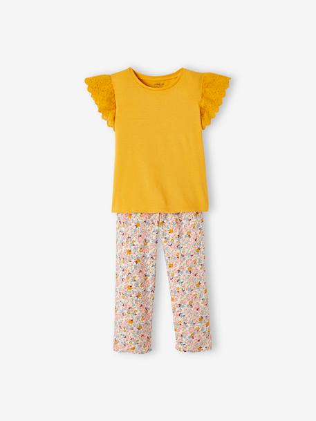 Conjunto t-shirt e calças fluidas e estampadas, para menina AMARELO MEDIO LISO 