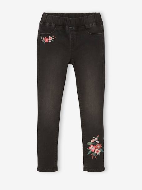 Treggings morfológicas bordadas, 'waterless', para menina, medida das ancas Larga AZUL ESCURO DESBOTADO+PRETO ESCURO LISO COM MOTIVO 