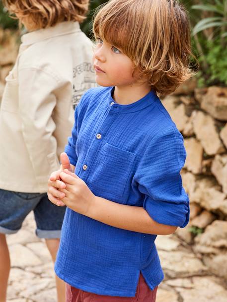 Camisa em gaze de algodão, mangas para dobrar, para menino amarelo+AZUL MEDIO LISO+cru+verde 