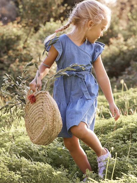 Vestido efeito envelope, em ganga leve, para menina AZUL ESCURO DESBOTADO 