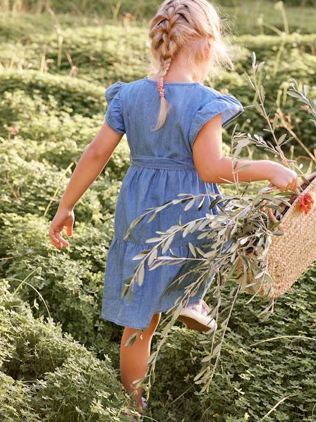 Vestido efeito envelope, em ganga leve, para menina AZUL ESCURO DESBOTADO 