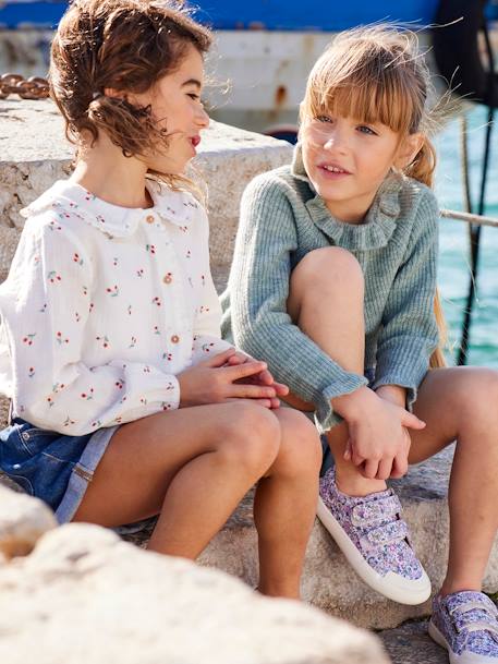 Bermudas de ganga com flores bordadas, para menina AZUL MEDIO DESBOTADO 