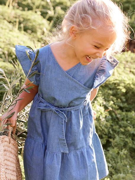 Vestido efeito envelope, em ganga leve, para menina AZUL ESCURO DESBOTADO 