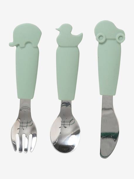 Conjunto de 3 talheres em silicone e inox, para criança CASTANHO CLARO LISO+VERDE CLARO LISO 