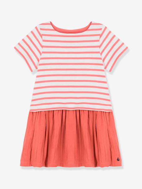 Vestido de mangas curtas, em jersey e gaze de algodão bio, Petit Bateau VERMELHO CLARO AS RISCAS 