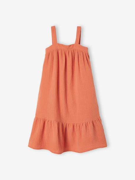 Vestido comprido, em gaze de algodão, para menina LARANJA VIVO LISO 