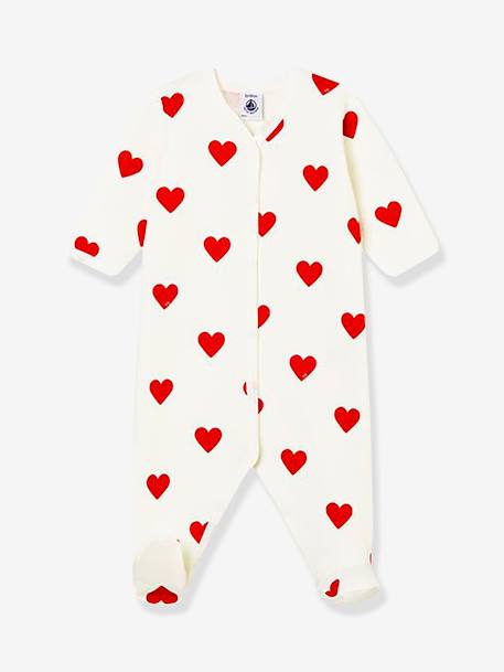 Pijama de bebé aos corações, em moletão, Petit Bateau BRANCO CLARO ESTAMPADO 